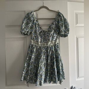 Agua Bendita Blue and White Floral Midi Dress with Puff Sleeves